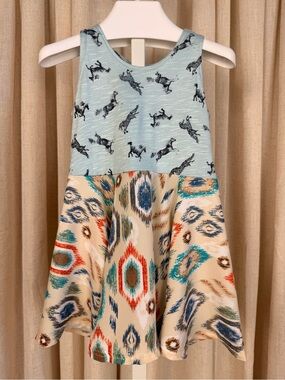 PRETTY ME Blue Sleeveless *HORSES & IKAT* Print Twirly Sun Dress 2T NWOT